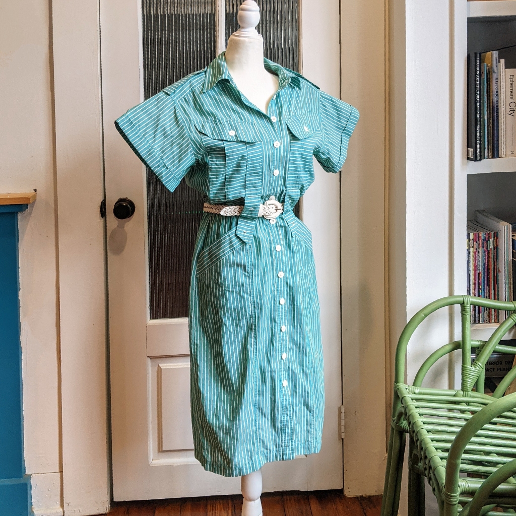 Vintage 1980s Green Pinstripe Cotton Dress Small